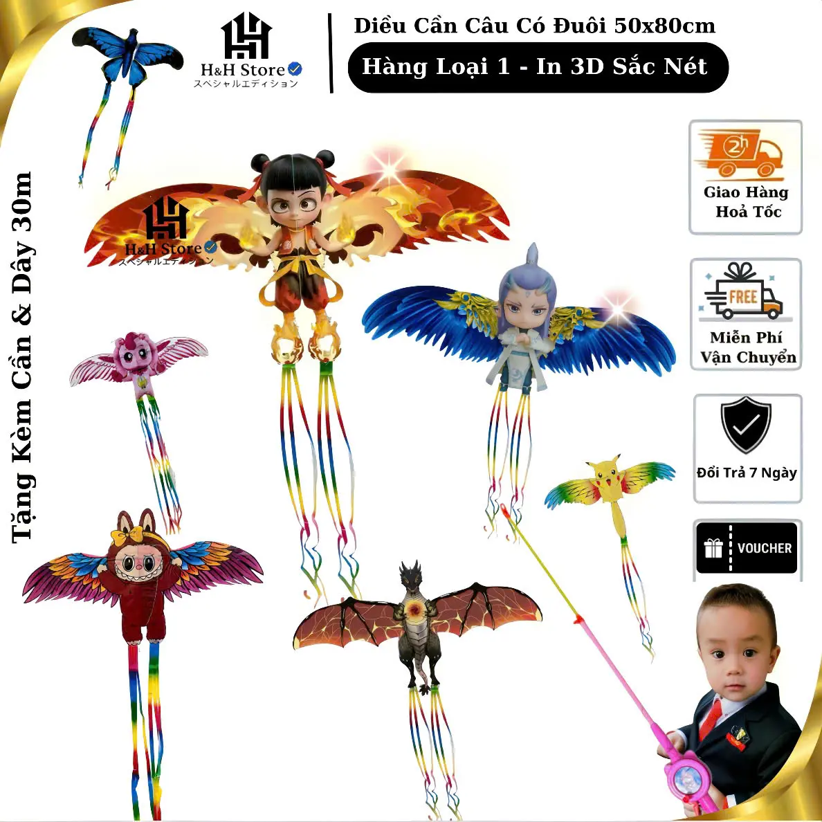[ Chọn Mẫu ]Diều cần câu 3D mini cho bé họa tiết hoạt hình dễ thương kèm cần và dây