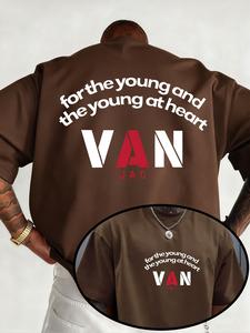 夏用メンズラウンドネックファッションTシャツ、VAN文字プリント、ソフトストレッチニット生地、標準フィット、カジュアル日常着用、軽量夏用Tシャツ
