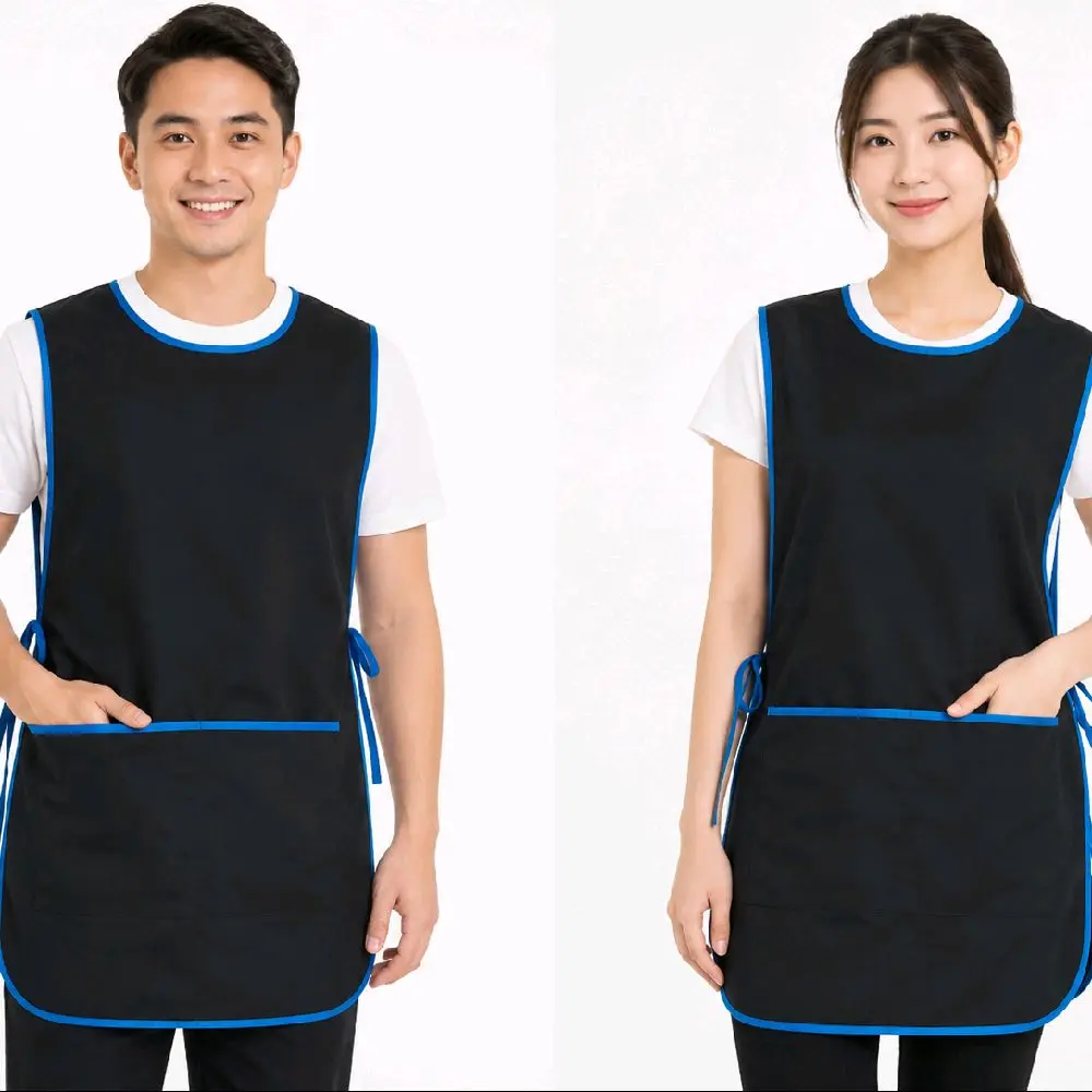 Apron barista barbershop celemek kerja rompi depan belakang Biru Merah Tali Kain