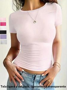 Camiseta corta de cuello redondo sólido para mujer, camiseta casual de manga corta para el verano, top de moda para mujer para uso diario