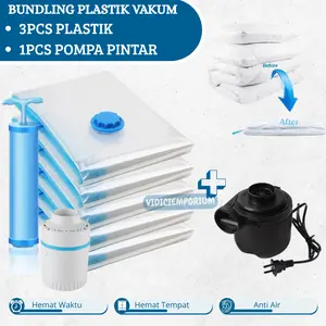 Bundling Traveling Vacum Bag 3Pcs Plastik + Pompa Vacum Elektrik