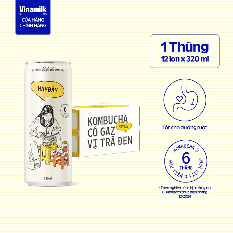 Thùng 12 lon Kombucha HAY ĐẤY Có Gaz Vị Trà Đen/Hoa Đậu Biếc 320ml