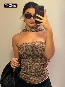 Top tipo tubo corto con fruncido y estampado de leopardo para mujer, pañuelo de tul, top elegante y elegante sin espalda, ropa de verano para damas para citas, clubes, fiestas y uso diario