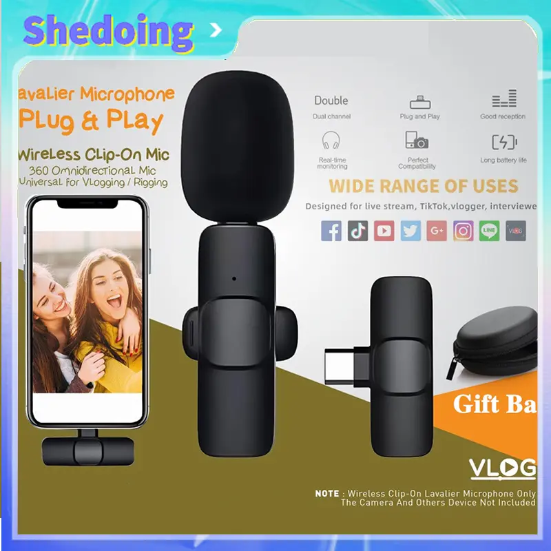 Mikrofon Nirkabel Lavalier Mic Portabel Audio Video pembuatan Rekaman Wireless Microphone HP Klip Untuk IPhone Android 0