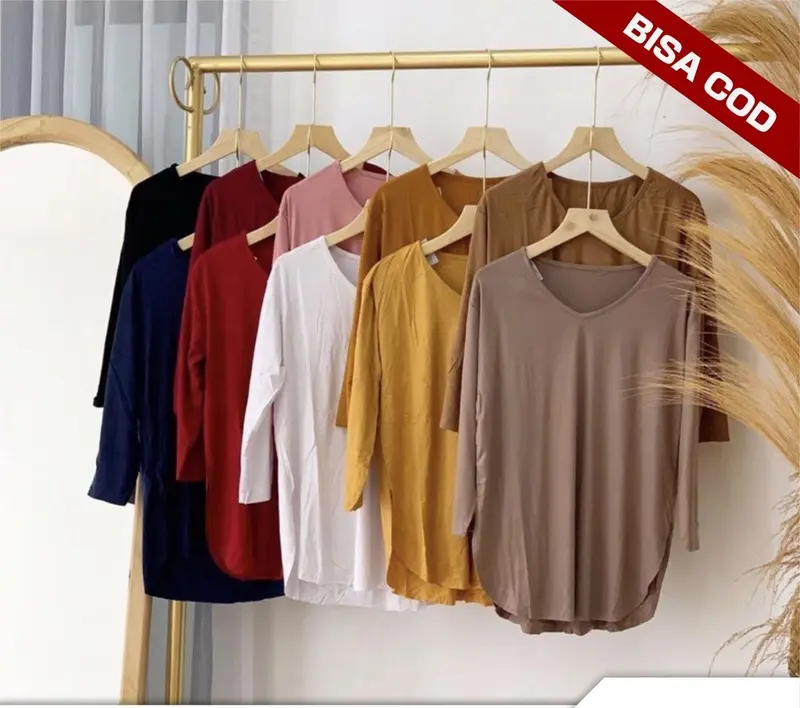 Kaos Belah Samping Polos Wanita Lengan Panjang 7/8 Bahan Adem Spandek Rayon  All Size Murah hitam