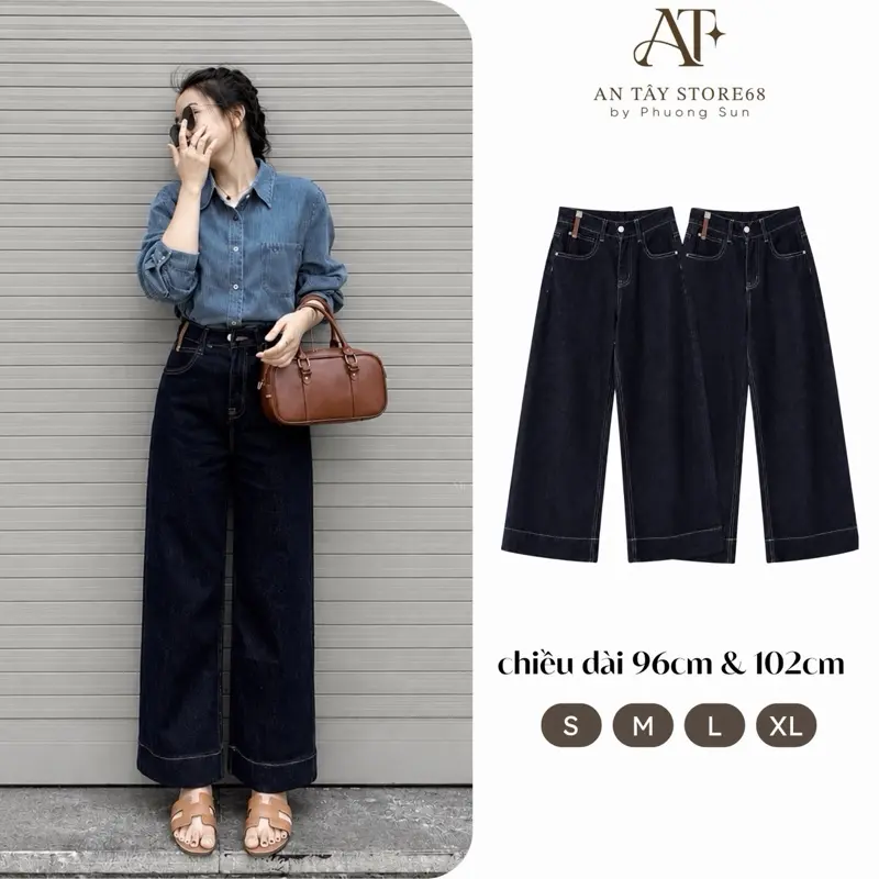 AN TÂY – Quần Jean Nữ Ống Suông Lưng Cao Denim Mác Da Nhỏ Gấu Bản To #7992 #8078 #8129 Chất Liệu Mềm Không Co Giãn