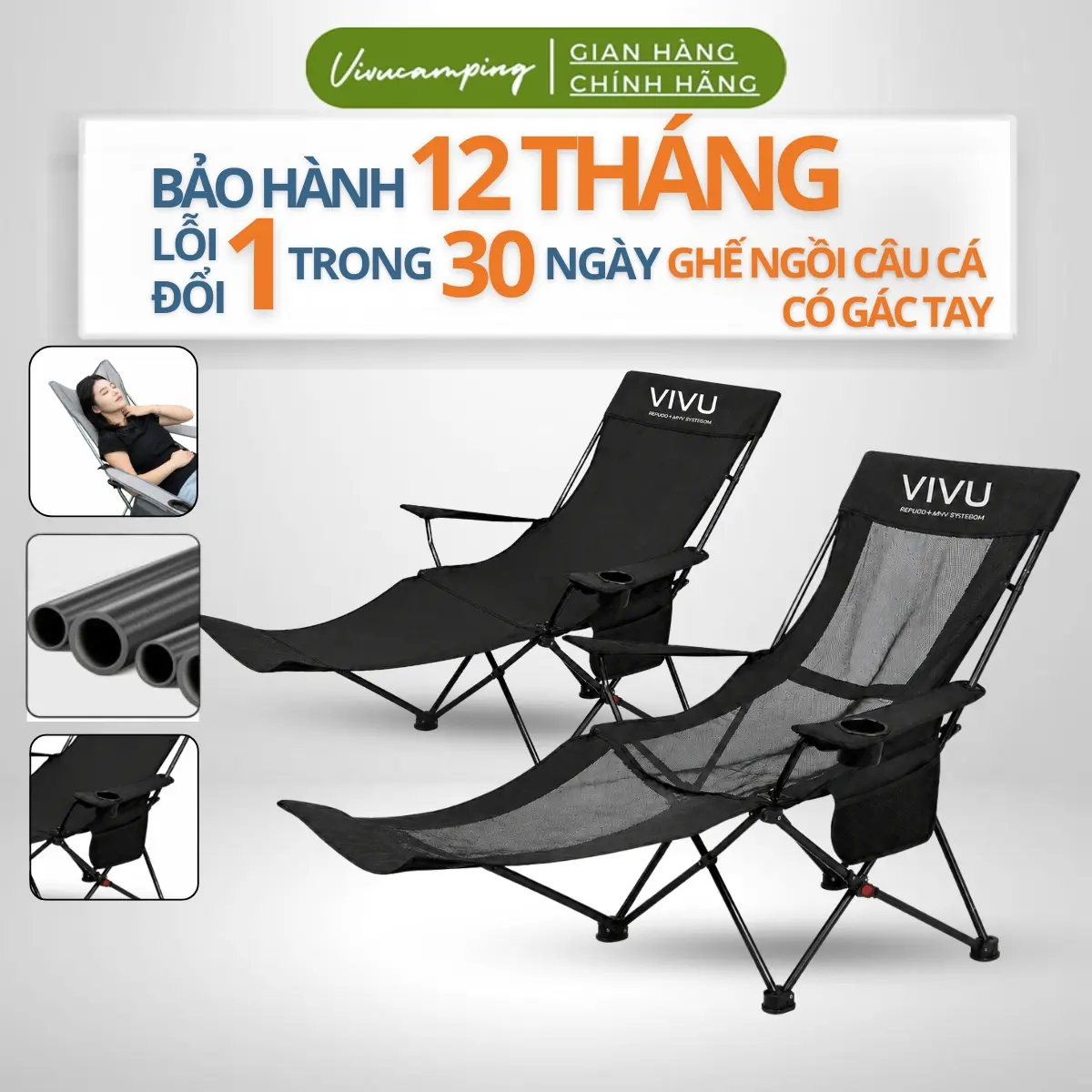 Ghế Gấp Gọn Có Gác Tay Vivu Outdoor Cắm Trại Dã Ngoại, Ghế Ngả Lưng Gác Chân 4 Nấc Vải Lưới Thoáng Mát