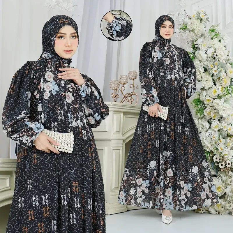 Vaniia Set Series Kerudung Segi Empat Bahan Ceruty Motip Printing Full Furring Gamis Wanita Simple Elegant