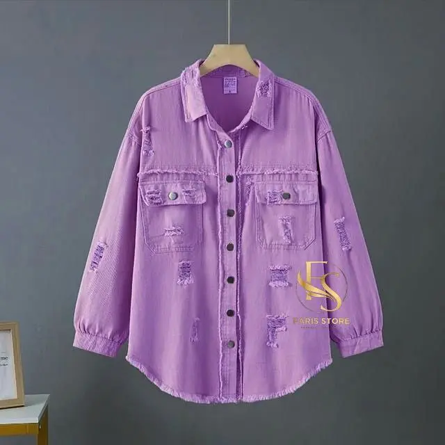 Jaket Denim Kemeja Jeans Oversize Sobek Lengan Balon Wanita 1