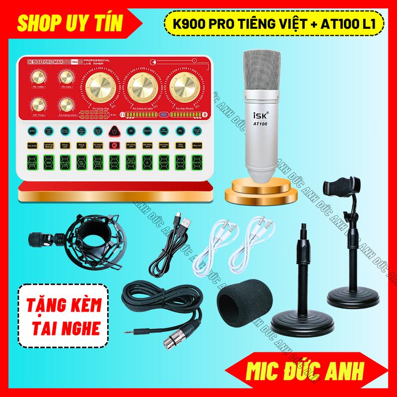 Bộ Sound Card K900 Pro Max Tiếng Việt Kết Hợp Mic AT100 Loại 1 Thu Âm Livestream Có Bluetooth Autotune Lắp Đặt Đơn Giản