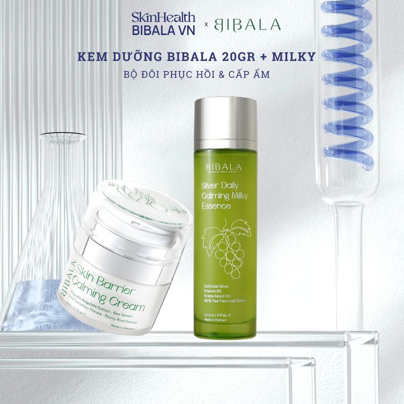 Bộ đôi Kem dưỡng phục hồi BIBALA SKIN BARRIER CALMING CREAM 20G + Sữa dưỡng keo bạc cấp ẩm và làm dịu da, hỗ trợ ngăn ngừa hại khuẩn cho da tổn thương, nhạy cảm, SILVER MILKY DAILY CALMING MILKY ESSENCE 120ML