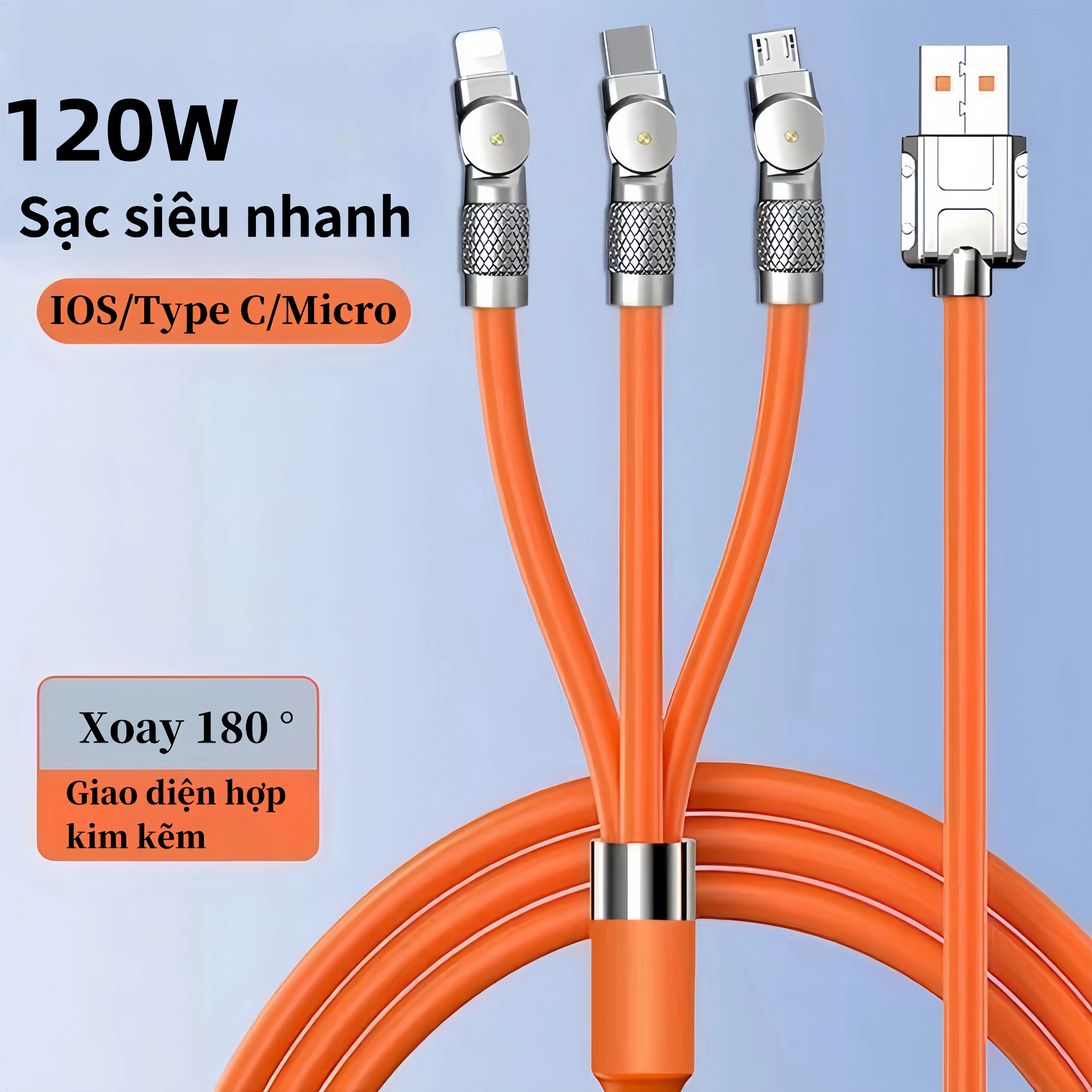 Cáp sạc nhanh, 3 trong 1, 120W, Micro USB và Cổng Type C, Tương thích với Samsung và iPhone Silicon Sạc Điện Thoại Phụ Kiện