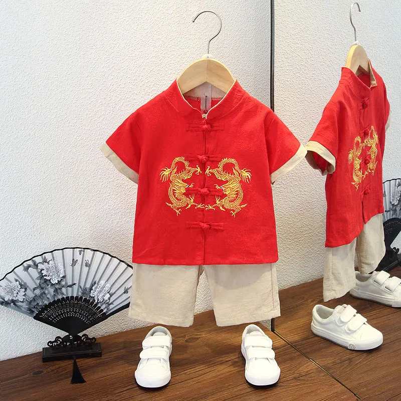 Boy short sleeved suit Tang suit summer Hanfu Chinese style thin Spring Festival New Year clothing T1