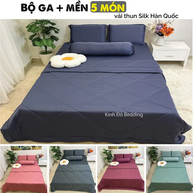 Bộ ga thun lạnh có mền 5 món đẹp decor phòng - Thun Silk - đủ size drap giường 1m4 1m6 1m8 chăn gòn cao cấp 0