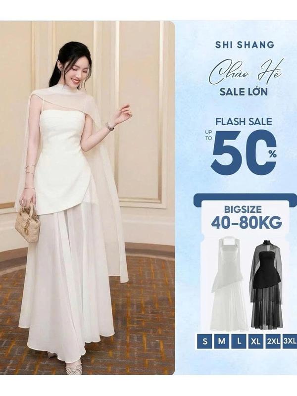 Shi Shang Đầm hai dây kèm choàng voan dáng dài, đầm đi tiệc Bigsize sang chảnh