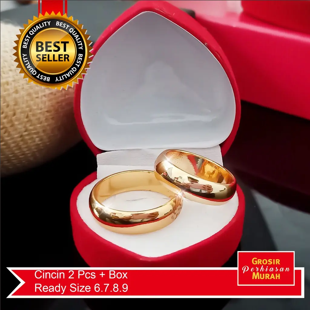 Cincin Kawin Udah Dapat 2 Pcs + Box Cincin  Berlapis Emas Stainless Steel Polos