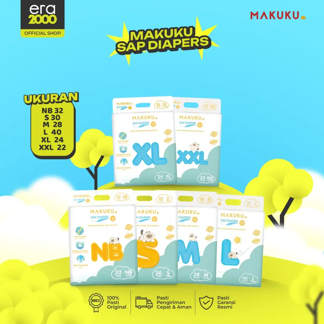 [ 1 PACK ] Makuku Comfort Fit SAP Diapers Tape/Pants NB32/S30/M28/L26/XL24/XXL22 | Popok Bayi Tipis Cepat Kering Anti Gumpal Pampers Tipe Perekat dan Celana Merah