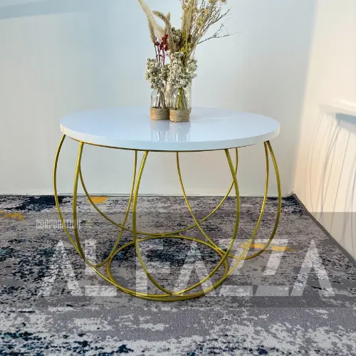Meja tamu Bulat aesthetic CT motif marmer, Meja ruang tamu bulat minimalis set aesthetic Besi Furniture Table