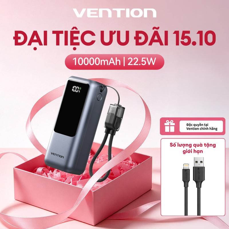 Vention Mini 10000mAh 22,5W Bộ sạc dự phòng - 2 cổng USB-C và USB-A, dây đeo Type-C tích hợp, sạc đồng thời cho 3 thiết bị