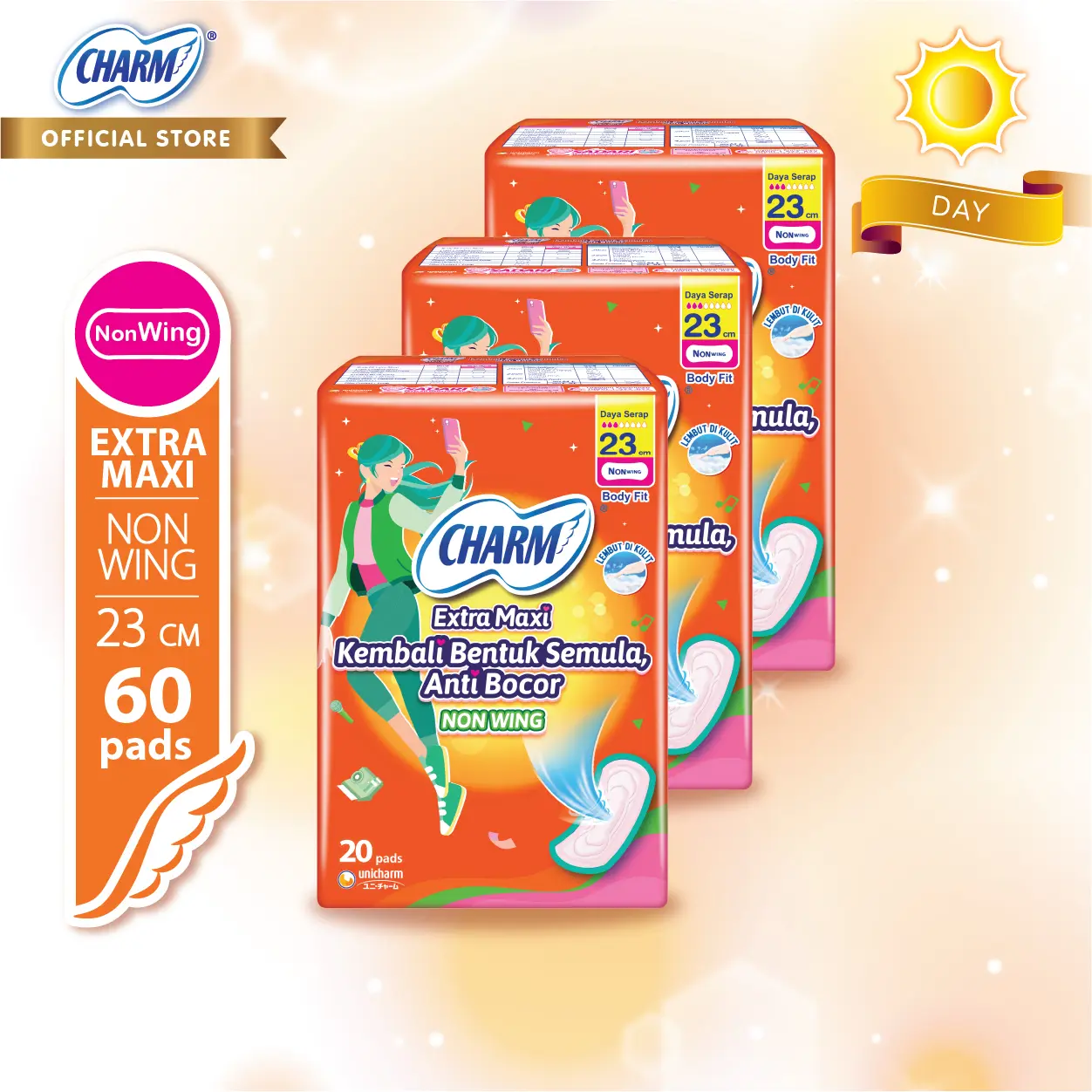 Charm Pembalut Body Fit Extra Maxi 23cm Non Wing 20 Pads - 3 Pcs