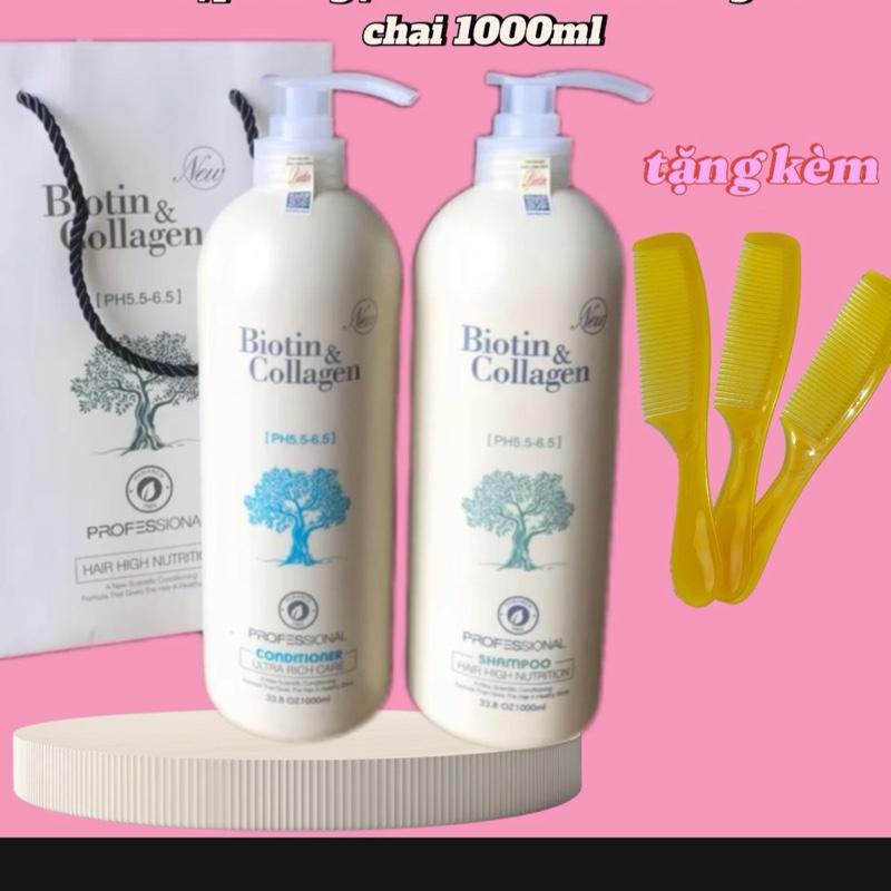 Cặp dầu gội xả Biotin collagen chai 1000 ml hỗ trợ làm mềm mượt bóng tóc tặng kèm lược gội đầu
