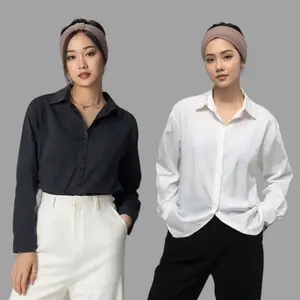 KEMEJA RAYON WANITA PUTIH HITAM LENGAN PANJANG