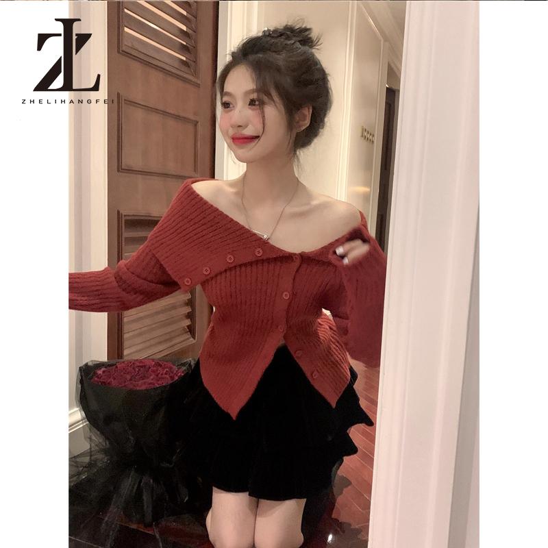 Áo len Giáng Sinh Dệt Kim Dáng Ôm Hở Vai Màu Hồng Thu Đông Thời trang fashion Comfortable Thời trang
