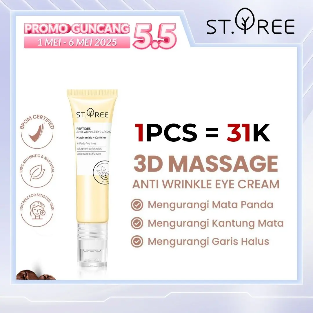 [COD] ST.TREE Multi Peptides Anti-Wrinkle Eye Cream 15 gr | Serum Perawatan Mata dengan 3D Roller Massager - Krim Mata dengan Niacinamide dan Caffeine untuk Mencerahkan dan Mengurangi Kantung Mata Panda, Menyamarkan Kerutan, Garis Halus dan Mengencangkan