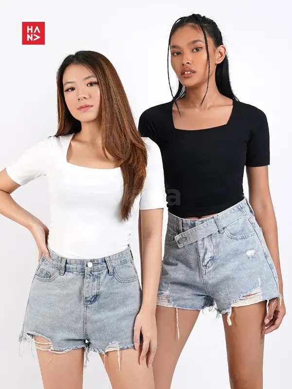 Hana Fashion - Martina Basic Kaos T-Shirt Baju Polos Square Neck Gaya Korea Kaos Wanita Bahan Jersey Stretch Premium - TS177 Oversize Kerah 0