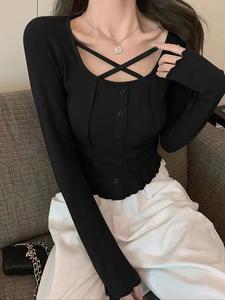 レディース セクシー クロスネック ニットトップ、スリムフィット 春秋ファッション、エレガントなカジュアルウェア、快適な中厚地