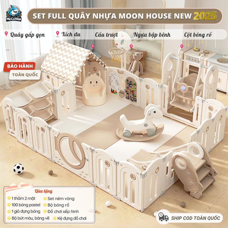 Quây Cũi Nhựa Gấp Gọn Set Full Moon House 2025 - Kèm Cầu Trượt -Xích Đu -Ngựa -Cột Bóng, Quây Nhựa Nguyên Sinh, Tặng Nhiều Đồ Chơi An Toàn