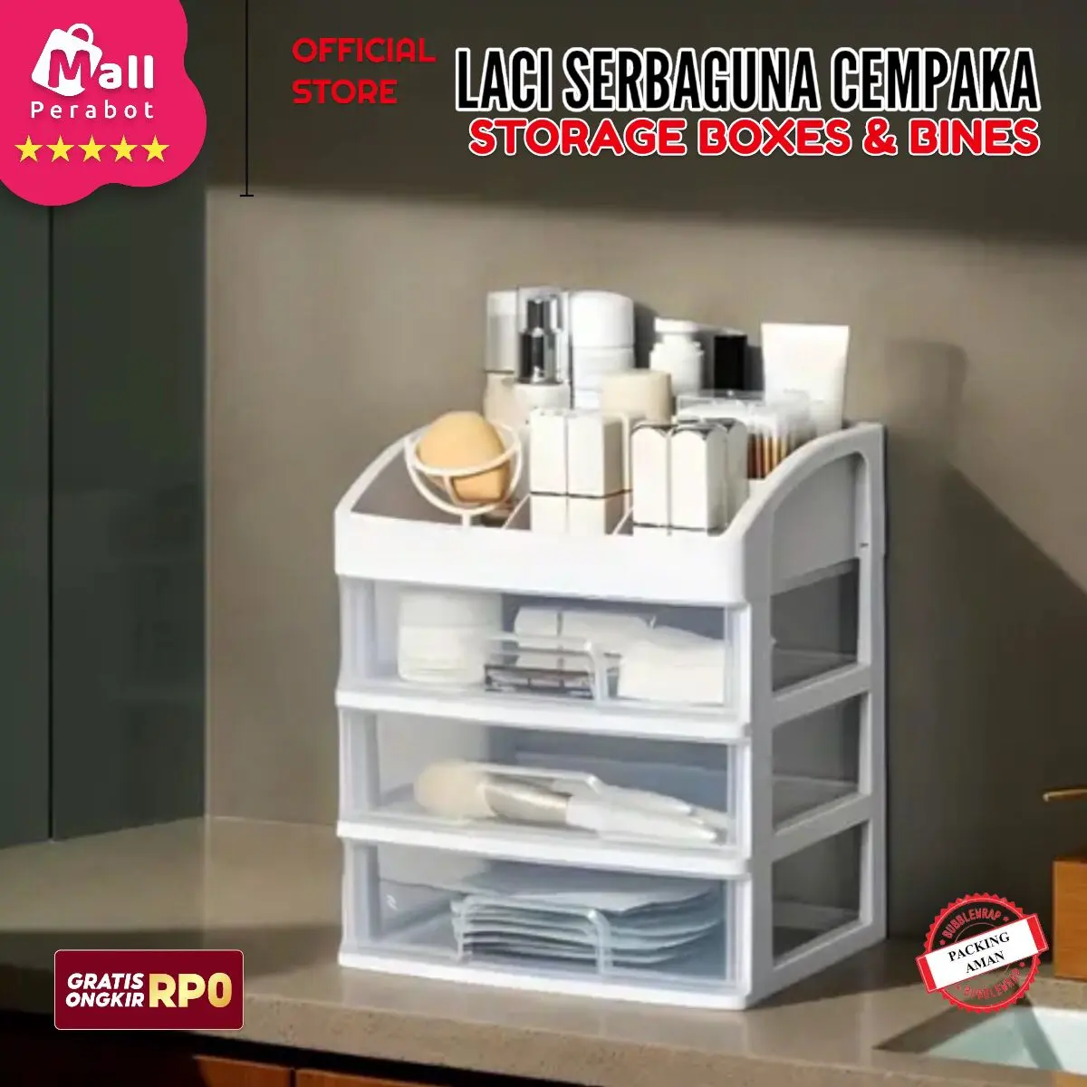 Mall Perabot | Make Up Organizer | Rak Kosmetik 3 Susun | Tempat Make Up | Storage Box | Tempat Aksesoris Biru Penyimpanan