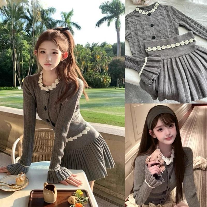    QC Chính Phẩm  Live Sao Gửi Vậy   Set Len Viền Hoa Áo Tay Dài Loe Mix Chân Váy Cạp Cao Xếp Ly Màu Xám Basic Dễ Mặc Xinh Sang Tiểu Thư Cho Nữ By DiepGZ171125 