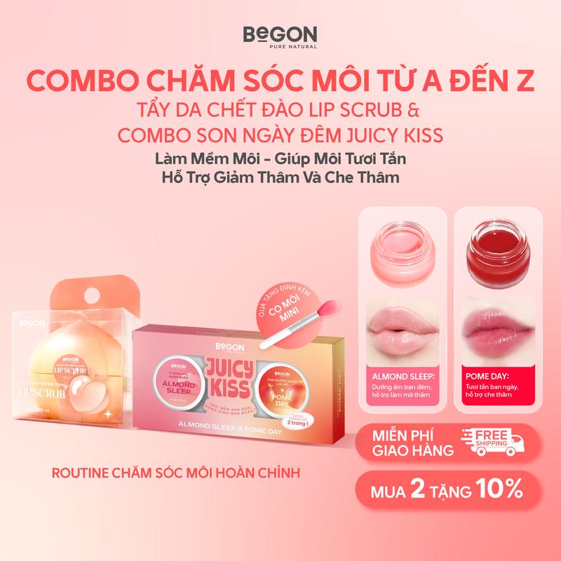  Combo Chăm Sóc Môi Từ A Đến Z BEGON  Tẩy Da Chết Đào Mọng 40g x Son Lựu Đỏ 5g x Son Hạnh Nhân 5g  - Hỗ Trợ Tẩy Da Chết Dưỡng Ẩm Cải Thiện Thâm Hồng Môi 
