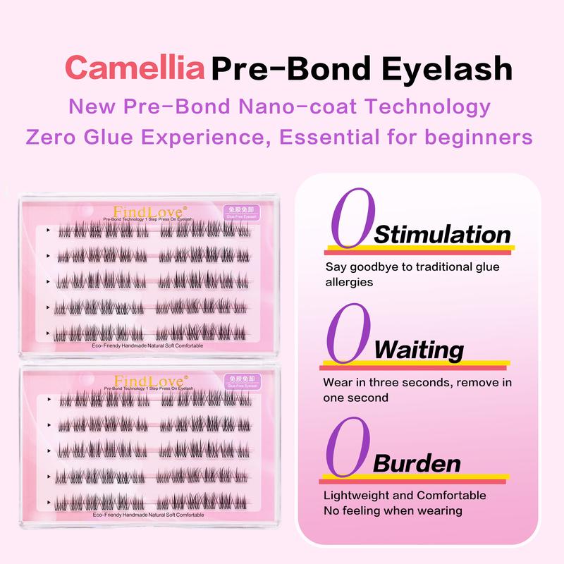 Product Introduction of FindLove Camellia Glue Free Eyelash Pre-Bond Technology  No Glue Needed  DIY Eyelash  1-Step Press On Lashes Self Adhesive Reusable Natural Segmented  Long Lasting  Eyelash Extensions gluefree lashes Cosmetic free Tweezer  Self-Adhesive C Curl Lashes 48