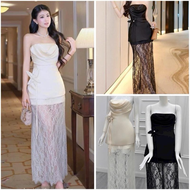    Ảnh thật   Đầm lụa đi tiệc cúp ngực tag hoa phối chân váy ren dáng dài sang trọng Nữ Women Dress Màu Đen Kem 