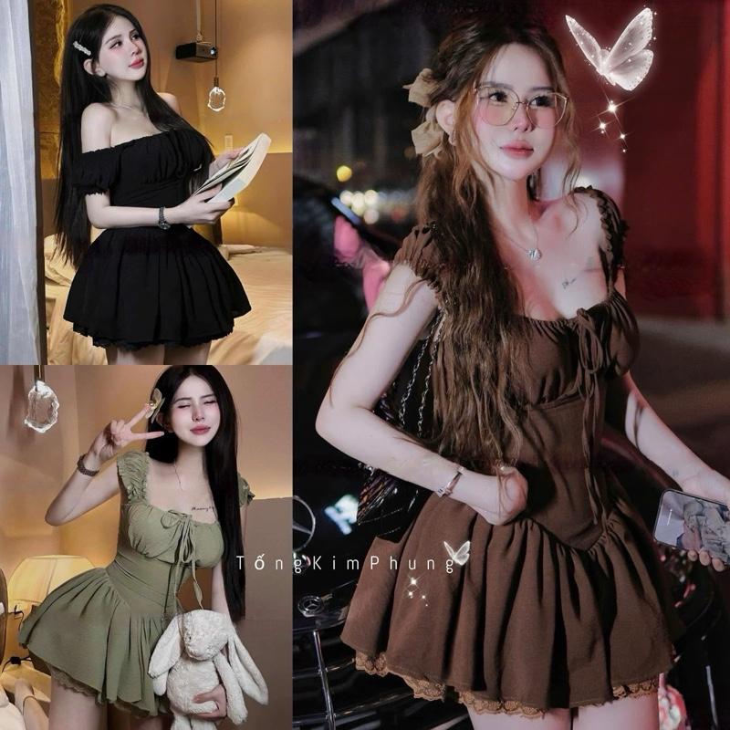 Hàng Có Sẵn HÀNG 4 LỚP CHUẨN HÌNH TẶNG QUẦN Váy Nữ Mùa Hè Tiểu Thư Nhún Bèo Cổ Vuông Tay Chun Phối Viền Thêu Ren Dáng Xoè Bồng