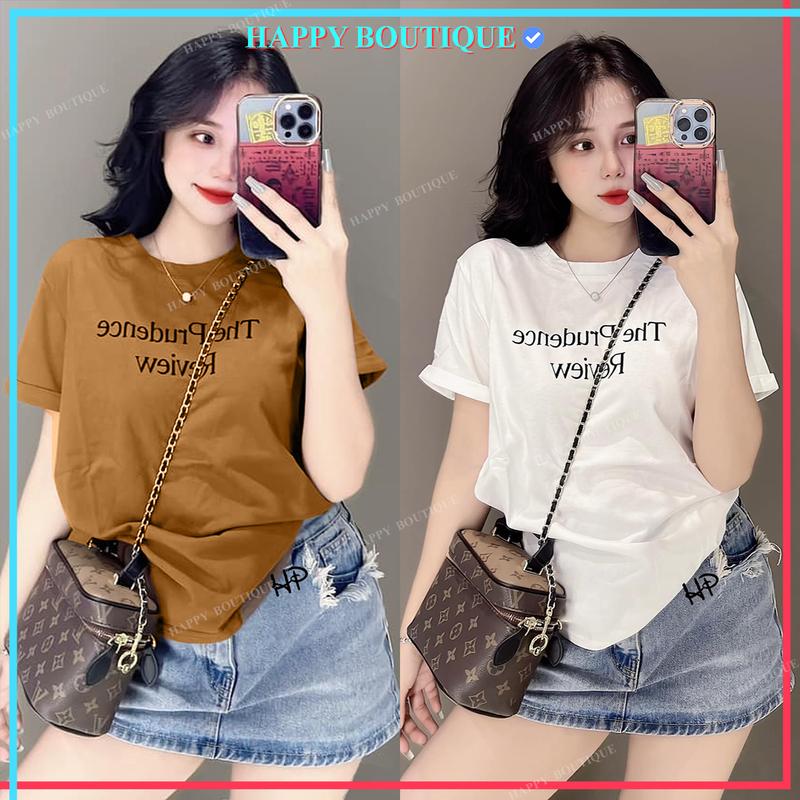   40~70kg  Áo Thun Thái Nữ Cotton  Mã A61  Chữ Cách Điệu Mềm Mịn Mát  The Pruceden  Top cổ tròn Women Màu Đen áonuxinh 