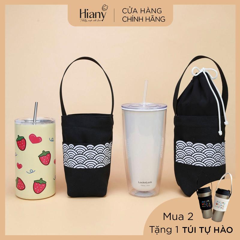 [MUA 2 TẶNG 1 TÚI TỰ HÀO] Túi đựng ly đựng bình nước bottle bag vải canvas đen in hình sóng biển Hiany AB02