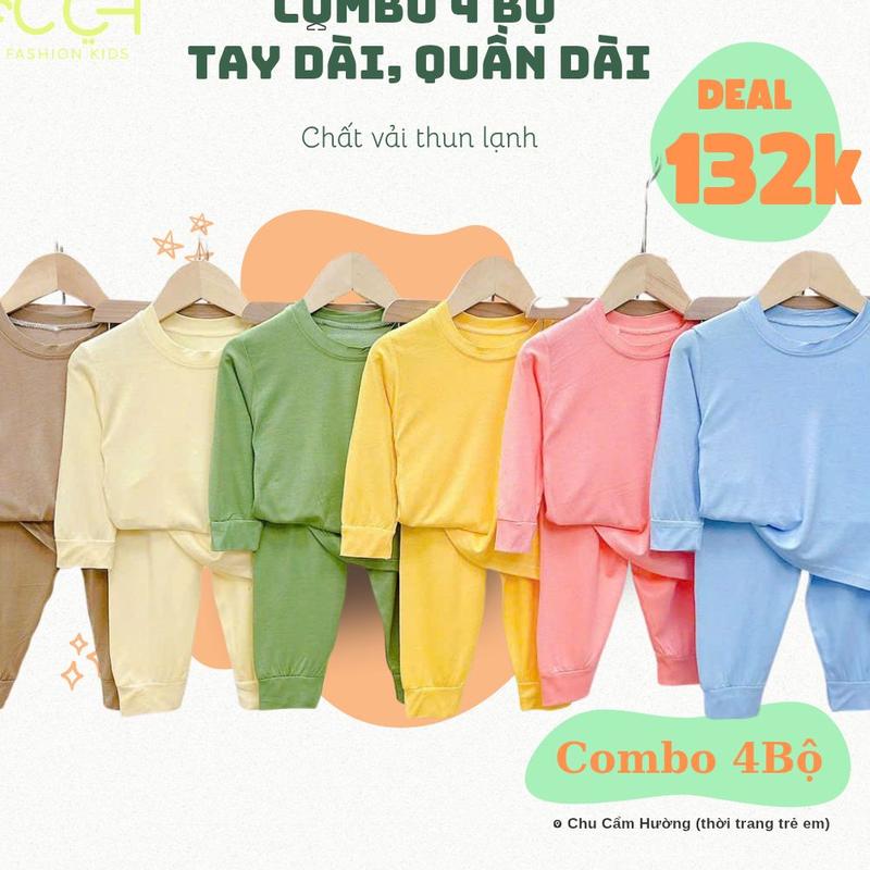 Combo 4 Bộ Tay Dài Màu Trơn Thun Lạnh Ngẫu Nhiên Từ 7-16kg