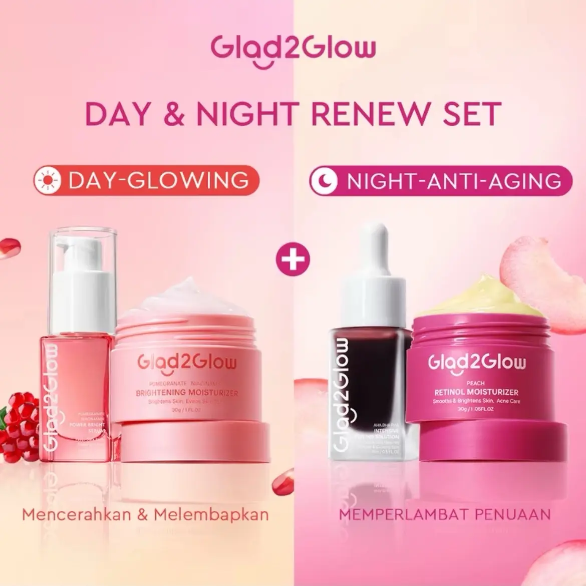 [4 PCS] GLAD2GLOW DAY&NIGHT RENEW BUNDLING 4 IN 1 - 4 PCS BARRIER SKINCARE PAKET BRIGHTENING POMEGRANATE MOISTURAIZER +  SERUM BRIGHTENING POMEGRANATE + MOISTURAIZER RETINOL + PEELING SERUM AHA BHA PHA. Mencerahkan