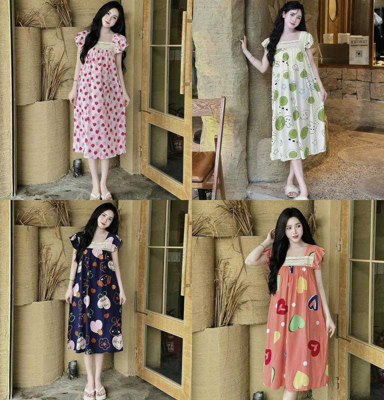 Váy bầu (40-95kg) có thiết kế mở khóa cho bé ti chất lanh lụa mềm mát đầm bầu ngủ mặc nhà