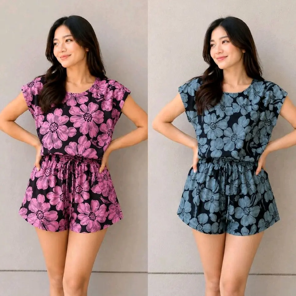 Setelan Baby Doll Wanita Oneset Rayon Celana Pendek Nyaman Lembut Baju Santai Motif