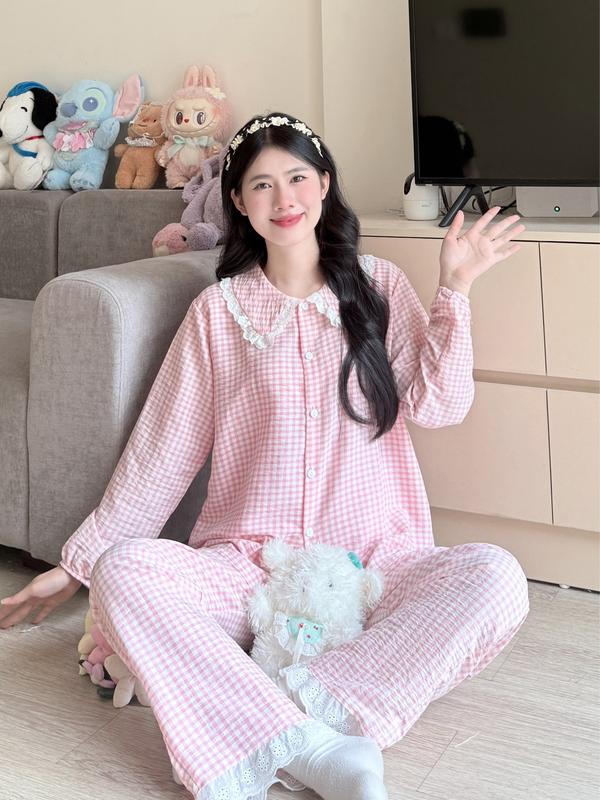 HỎA TỐC HN Bộ Đồ Ngủ Cổ Viền BY CHANN quần dài áo sơ mi kẻ caro phối viền mặc nhà chất liệu cotton mềm mịn có size đến 80kg