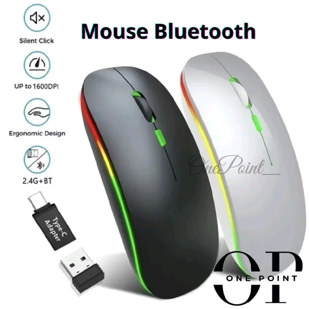 OnePoint Mouse Bluetooth Dual Mode Wireless LED RGB Super Slim Android Ios Windows dengan Desain Tipis dan Cahaya RGB Menarik Silent Click Ergonomic Design 2.4G+BT Computer