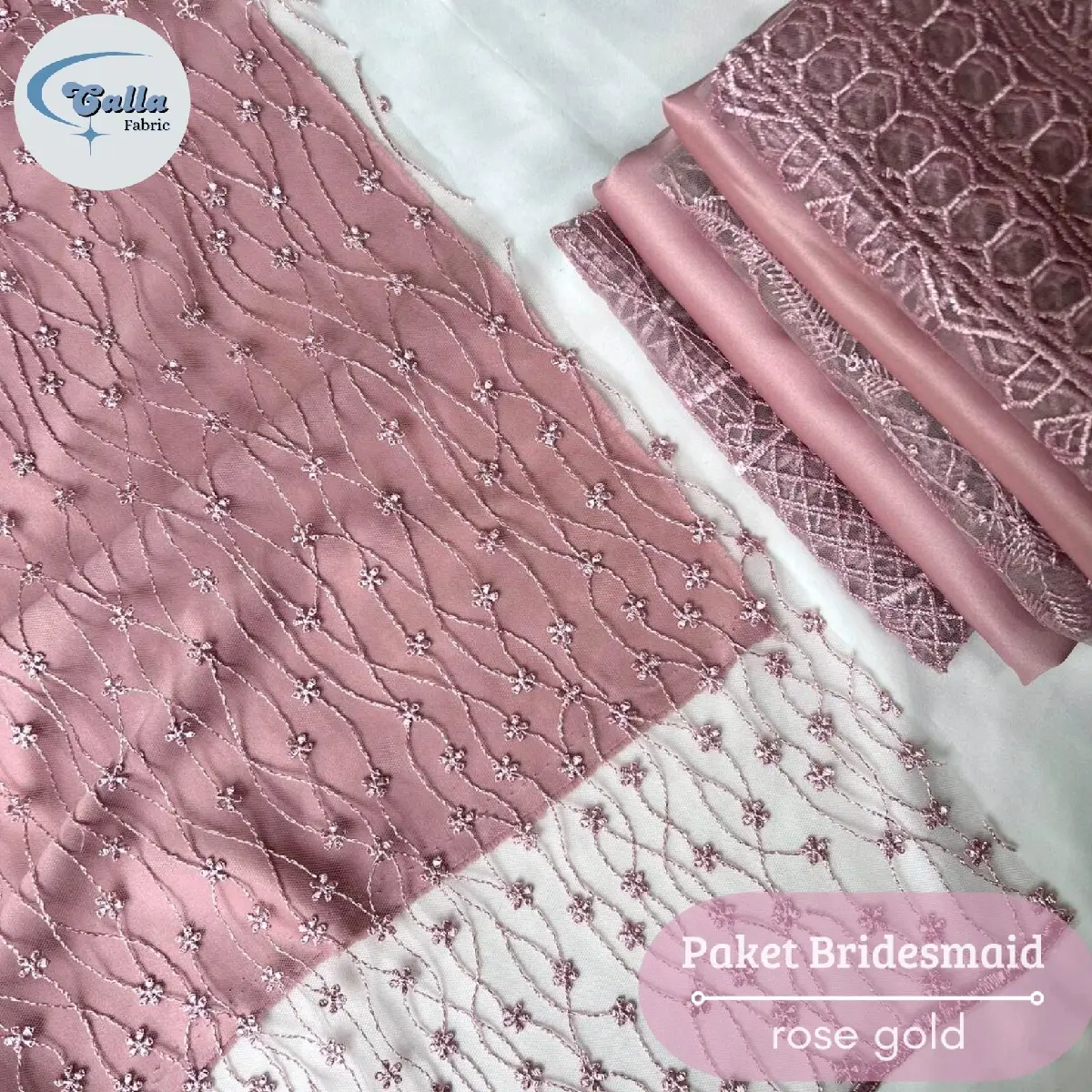 Paket Lengkap Bridesmaid Kain Satin Maxmara Doff Rose Gold + Brukat Tile Rose Gold