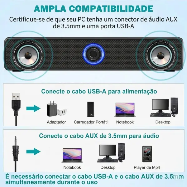 Caixa de Som para Computador USB com Áudio P2