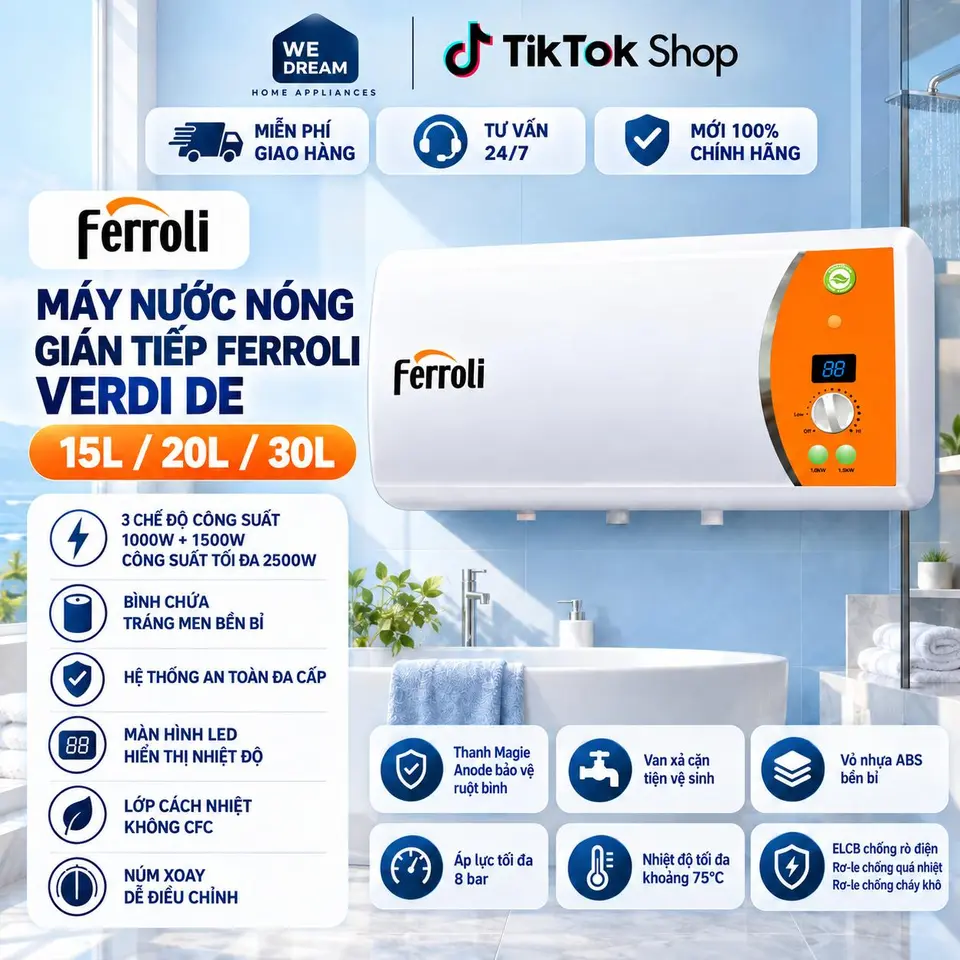 Máy Nước Nóng Gián Tiếp Ferroli Verdi DE 20L 2500W - Chính Hãng, Mới 100%