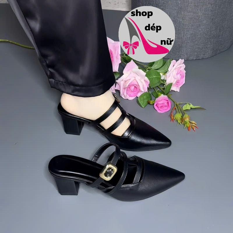  Giày sục sandal cao gót bít mũi  ba Dây ngang khóa cạnh mã   99  