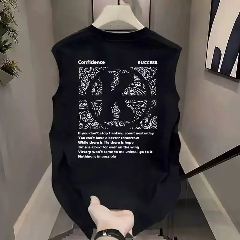 Tank Top Pria Tanpa Lengan Bahan Katun Murni (Gramasi Berat) – Gaya Amerika Musim Panas, Merek Trendi, Desain Cetak di Punggung, Cocok untuk Olahraga & Santai